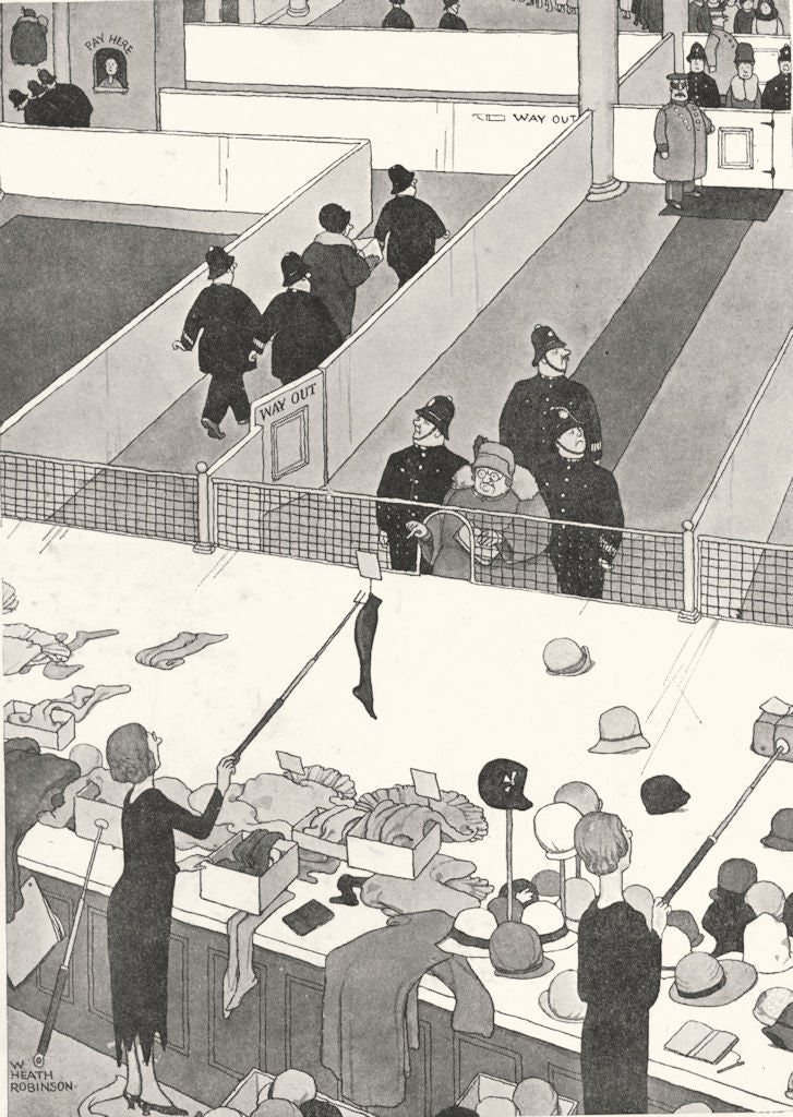 HEATH ROBINSON. Method for orderly sales & protection of retail assistants 1935